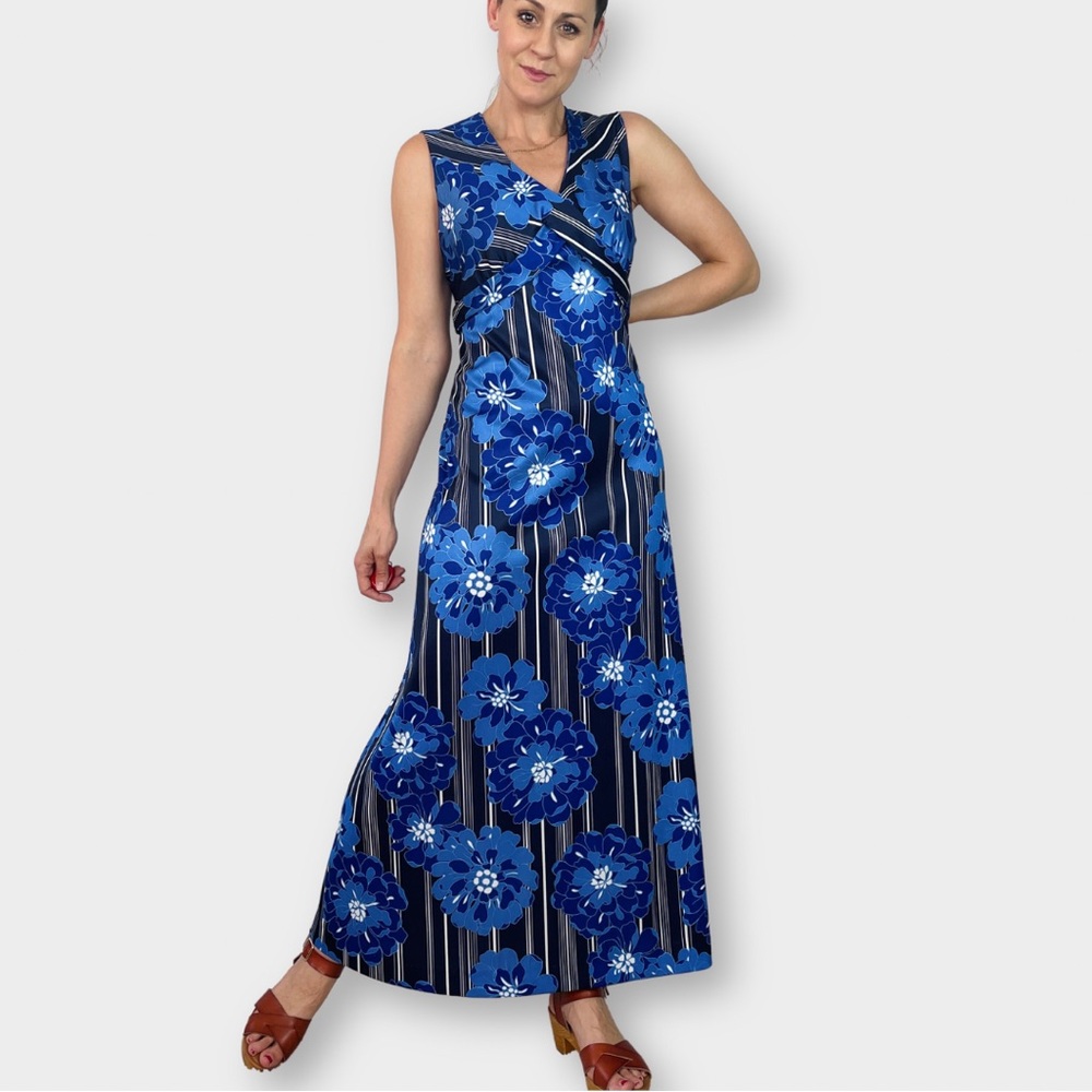Vintage 70s Liberty Circle Made in Hawaii blue tropical print maxi dress